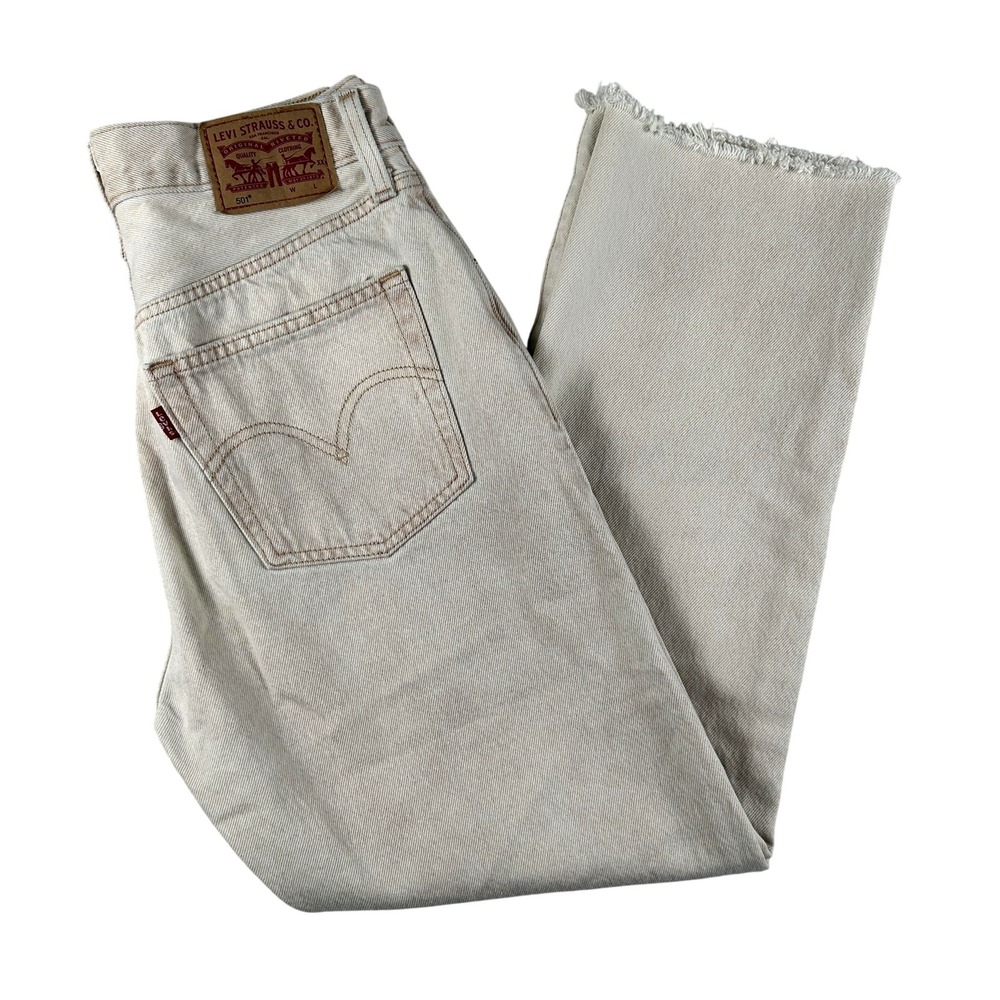 Levis 501 Jeans Womens 27x30 Beige High Rise Straight Button Fly Raw Hem Denim